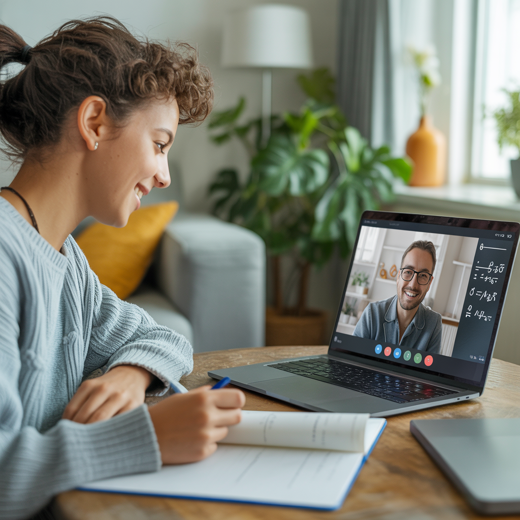 ideogram v3.0 a natural image of a student studying maths on a laptop at home with a tutor vis 0