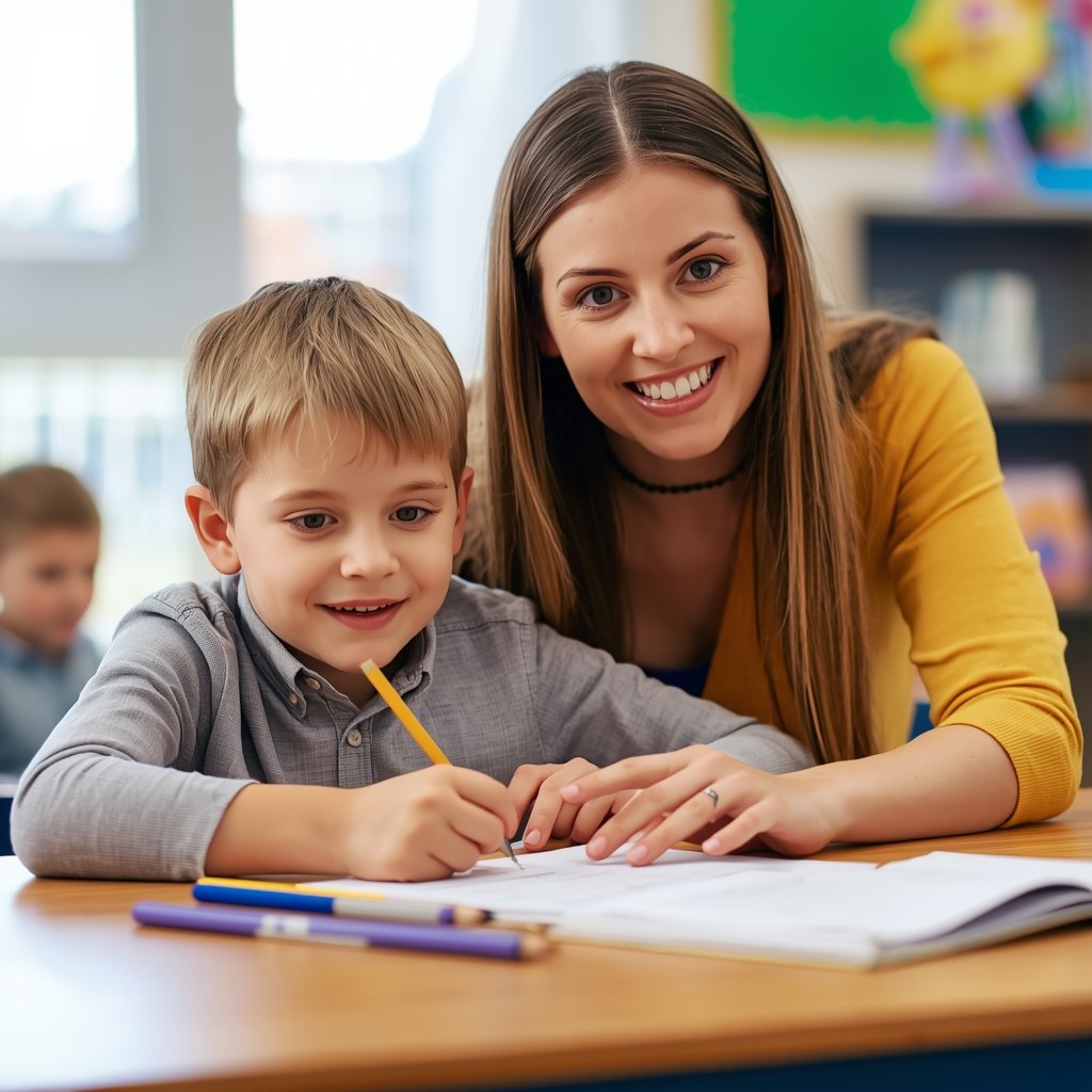 lucid origin a friendly maths tutor helping a primary school student with homework at a desk. 0
